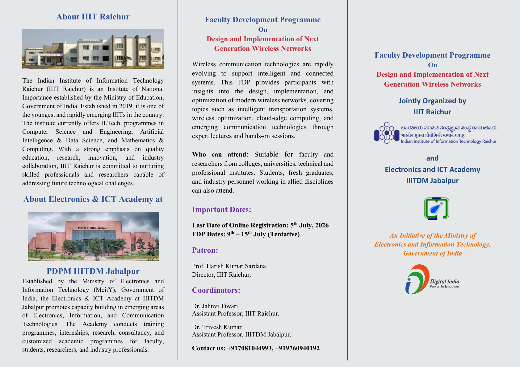 Joint FDP Announcement – Design and Implementation of Next Generation Wireless Networks by IIIT Raichur & IIITDM Jabalpur | News | IIIT Raichur